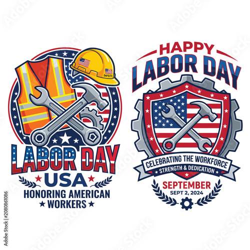 Labor day usa graphic designs honoring american workers with construction gear and tools hard hat blue collar united states american construction celebration industry workforce strength
