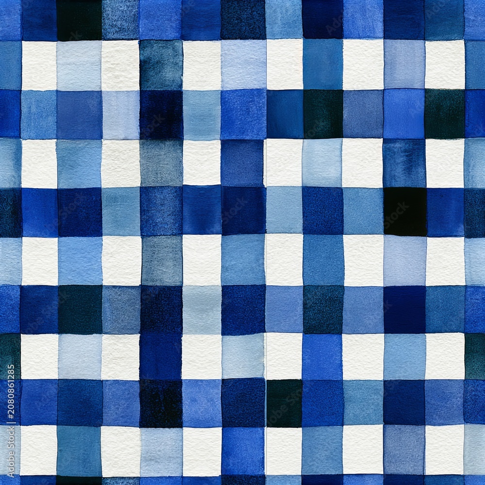 Fototapeta premium Blue watercolor gingham pattern creating abstract seamless background. Watercolor brushstrokes forming a decorative blue and white checkered pattern