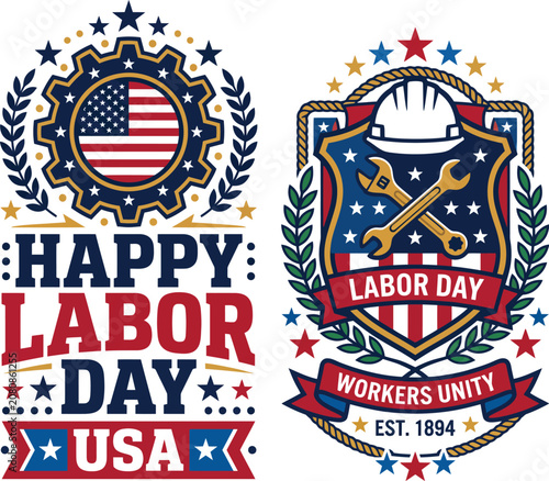 Happy labor day usa vintage style emblem and badge vector designs with american construction celebration patriotism illustration patriotic industrial profession national observance september
