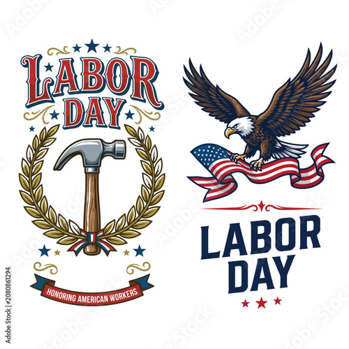Vintage labor day graphic illustrations with hammer eagle and american flag american celebration patriotic illustration national september industry patriotism typography celebrate