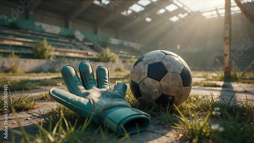 A weathered classic soccer ball and a single goalkeeper glove resting on overgrown grass at an abandoned stadium field during golden hour