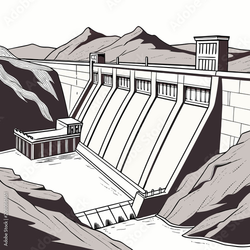 Foto A black and white of a large hydroelectric dam situated in a mountain landscape