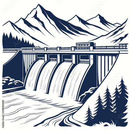 Photos A blue and white of a hydroelectric dam with water flowing over the spillway gat