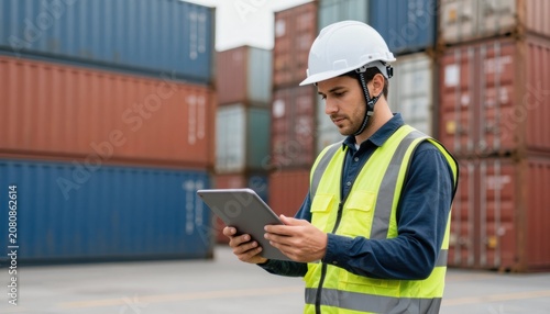 A dedicated industrial worker wearing safety gear operates a tablet while standing in front of large shipping containers at a freight yard