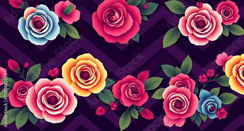 Beautiful floral pattern featuring vibrant pink, yellow, and purple roses with green leaves on a dark geometric background, ideal for fabric, home decor, quilting, curtains, crafts, stylish, durable, 