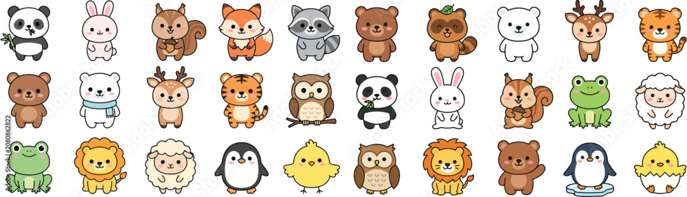 Fototapeta premium Cute animal icons set with panda, bear, rabbit, and more