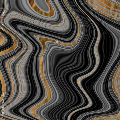Elegant abstract swirl of black, grey, and gold flowing textures