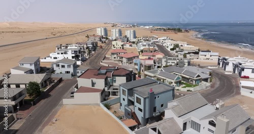 Aerial view of Langstrand, a beach resort town between Swakopmund and Walvis Bay in the Namib Desert, Namibia.