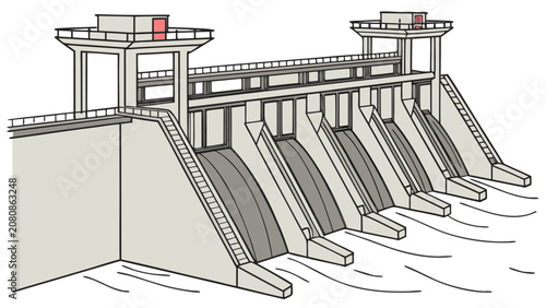 Tableau sur toile Detailed line of a concrete hydroelectric dam with water flowing over the spillw