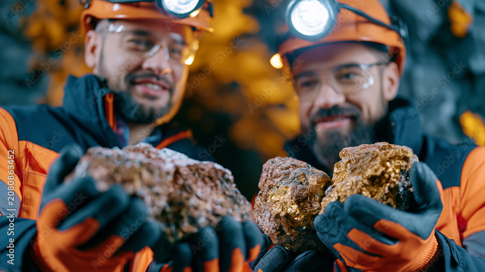 Fototapeta premium Two miners examining raw ore samples beneath a harsh work light in an underground lithium mine tunnel, responsible sourcing documentary concept, critical mineral extraction, battery supply chain tra