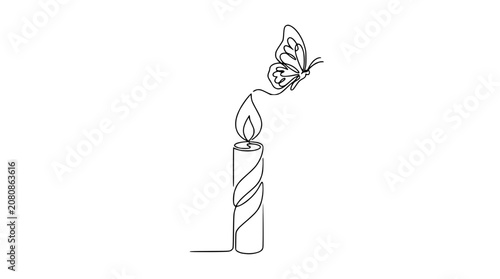 Continuous Line Art: Burning Candle with Butterfly Ascending from Flame