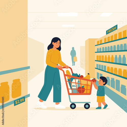 Mother and child shopping in grocery supermarket