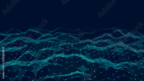 Fotografia Abstract polygonal wave pattern with interconnected nodes on a dark blue backgro
