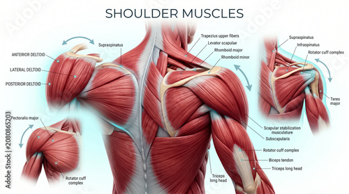 Detailed medical illustration showing human shoulder muscles with labels for anatomy education and clinical study of the upper body structure