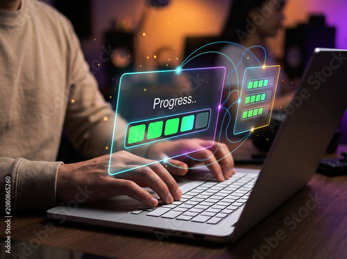 Person typing on laptop with holographic progress bar and data analysis displaying over keyboard, showing digital workflow and task completion concept.