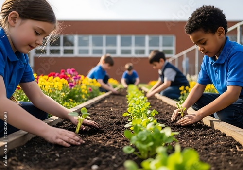 Diverse group of school children planting young seedlings in garden