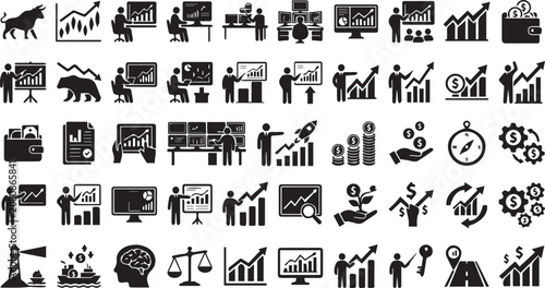 Set of 50 Financial Business Black and White Vector Icons