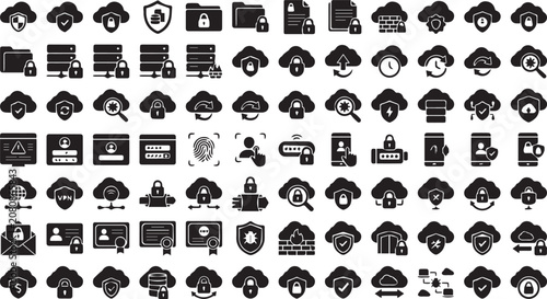 Set of 90 Black Cloud Security and Data Protection Icons Vector