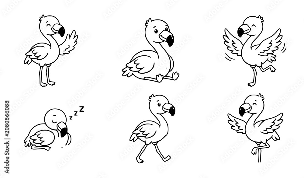Obraz premium Minimal Flamingo Cartoon Bird Mascot Vector Set with Tropical Wildlife Characters