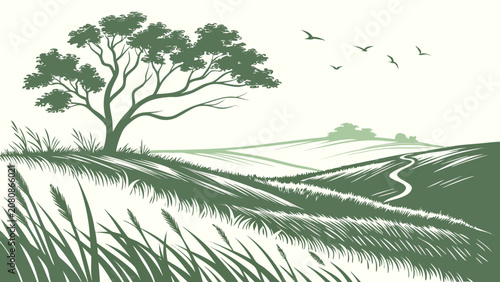 Stylized green and white landscape featuring a large tree on a grassy hill, rolling fields, a winding path, and flying birds