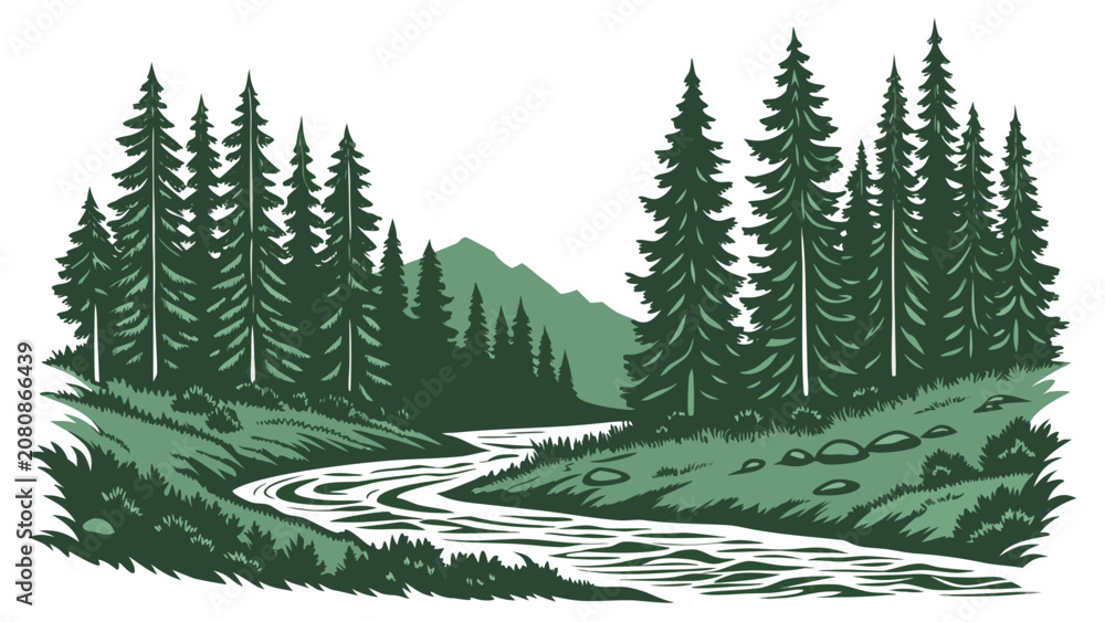 Fototapeta premium Of a peaceful river flowing through a dense pine forest with distant mountains, green and white, isolated