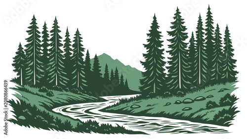 Of a peaceful river flowing through a dense pine forest with distant mountains, green and white, isolated