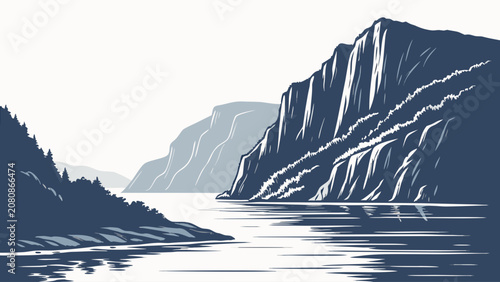 Cuadro en lienzo Of a serene fjord landscape with steep rocky cliffs, calm water, and pine trees,