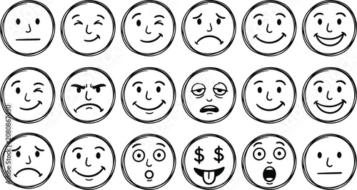 Foto Hand drawn vector emoji face icons set featuring various cartoon expressions lik