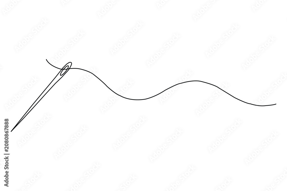 Obraz premium Continuous line drawing of a sewing needle with thread, minimalist style vector illustration of a needle and thread vector illustration