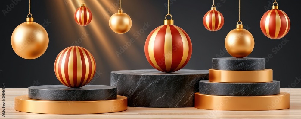 Fototapeta premium Luxury Christmas podium with black marble platforms and floating golden red ornaments in studio