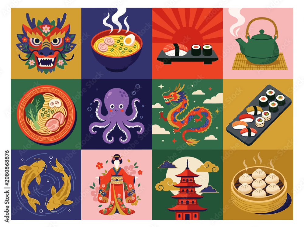 Fototapeta premium Asian Culture and Food Illustration Set with Sushi, Ramen, Dragons, and Pagoda