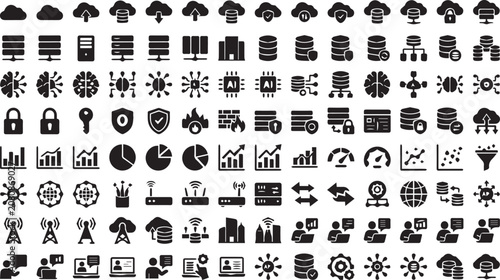 Set of 100 Black Data Technology Vector Icons