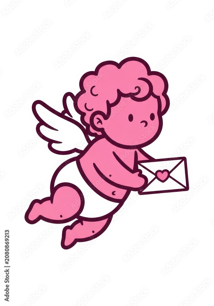 Obraz premium Cute Pink Cupid Character Flying with Love Letter Envelope, Valentine's Day Illustration, Minimalist Cherub Vector Art