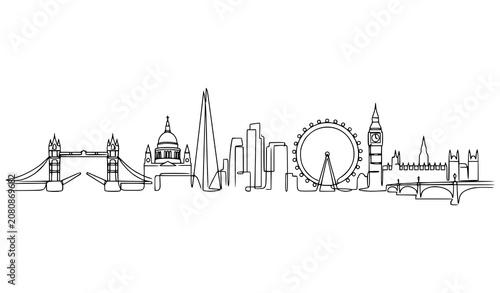 Photography One Continuous Line Drawing London Skyline Vector With Famous City Landmarks