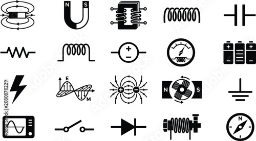 Valokuva Physics Electromagnetism and Electrical Circuit Icon Set with Magnet, Induction