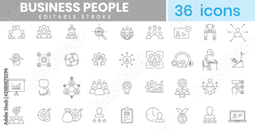 Schilderij op canvas Business people thin line icon set featuring thirty six professional corporate avatars leadership tasks and team teamwork