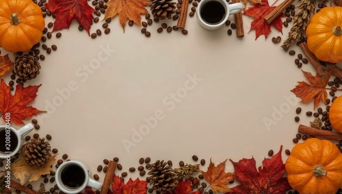 Fall Coffee Scene With Pumpkins and Leaves on a Light Background