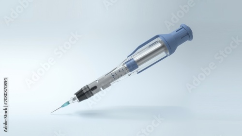 Modern insulin pen injector for diabetes management with clear barrel and blue cap on white background
