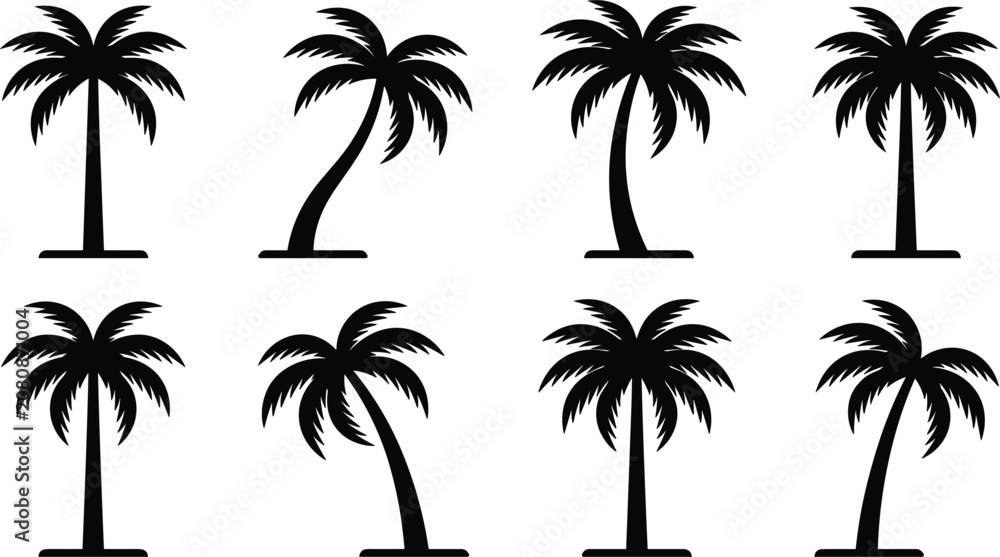 Fototapeta premium Set of black palm tree silhouette icons in different shapes and angles tropical coconut tree vector illustration collection