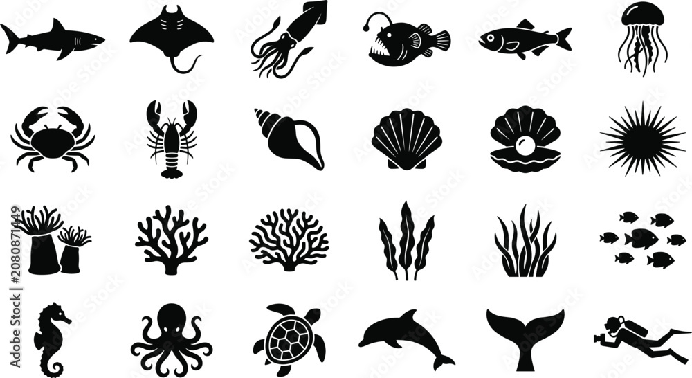 Obraz premium Sea Life and Deep Ocean Silhouette Icon Set Featuring Marine Animals Coral Reef Elements Shells and Scuba Diver Symbols for Creative Aquarium and Aquatic Designs