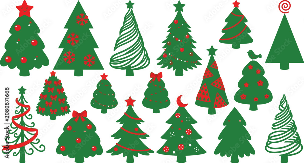 Obraz premium Collection of diverse christmas tree illustrations with decorations