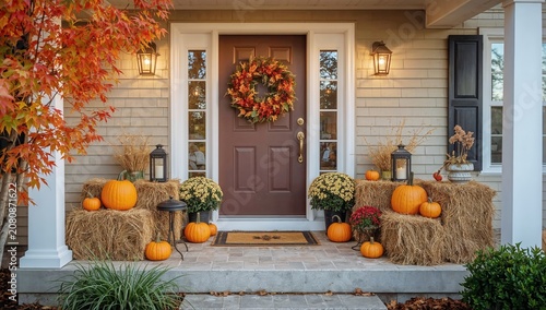 Fall Decorations on Porch With Pumpkins and Flowers in Front of Door