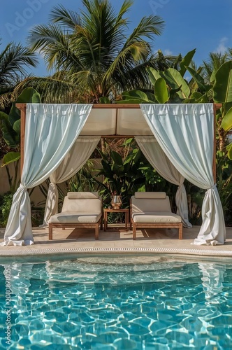 Poolside Cabana With Loungers and Palm Trees Under Blue Sky in a Warm Climate