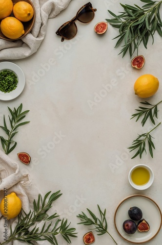 Lemons and Figs Arranged on a Table With Olive Oil and Herbs in a Kitchen Set...