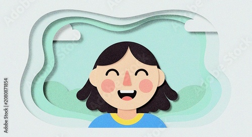 Happy girl with black hair smiling in a colorful frame