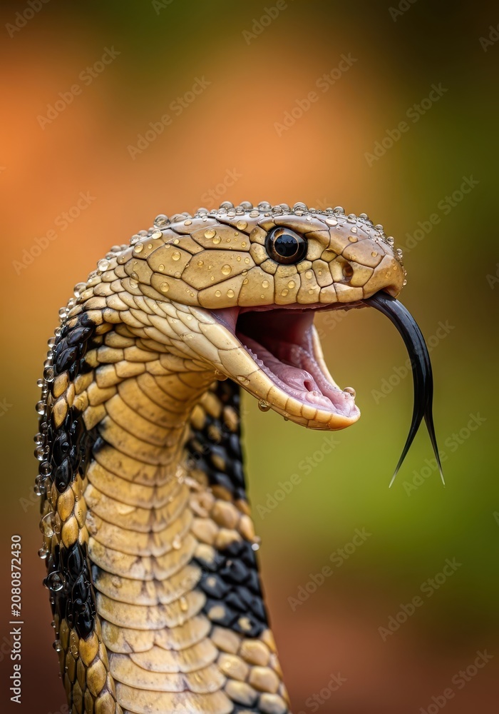 Obraz premium Close-up Portrait of a King Cobra Snake with Open Mouth and Flicking Tongue Covered in Water Droplets