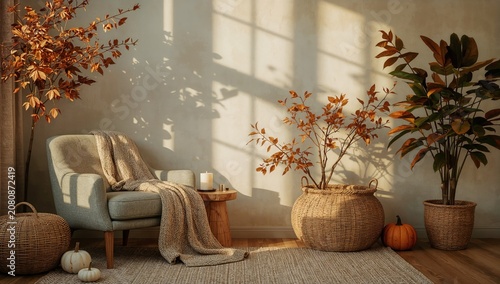Cozy Corner With Plants and Warm Light in Modern Room During Autumn Afternoon