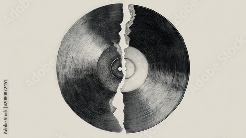 Broken Black Vinyl Record Split in Half on Beige Background Concept Photo