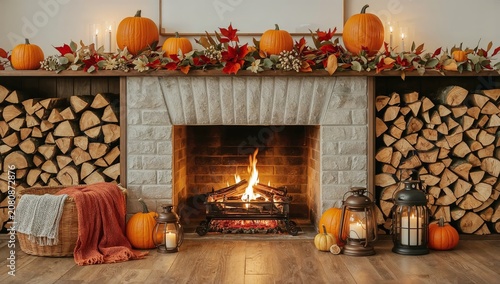 Cozy Fireplace With Pumpkins, Wood, and Autumn Decorations for a Warm Fall Se...