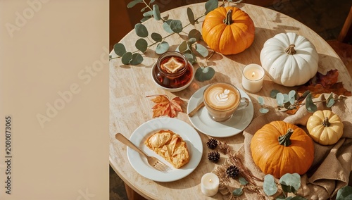 Enjoying Coffee and Pastries With Pumpkins and Candles on a Table in Autumn